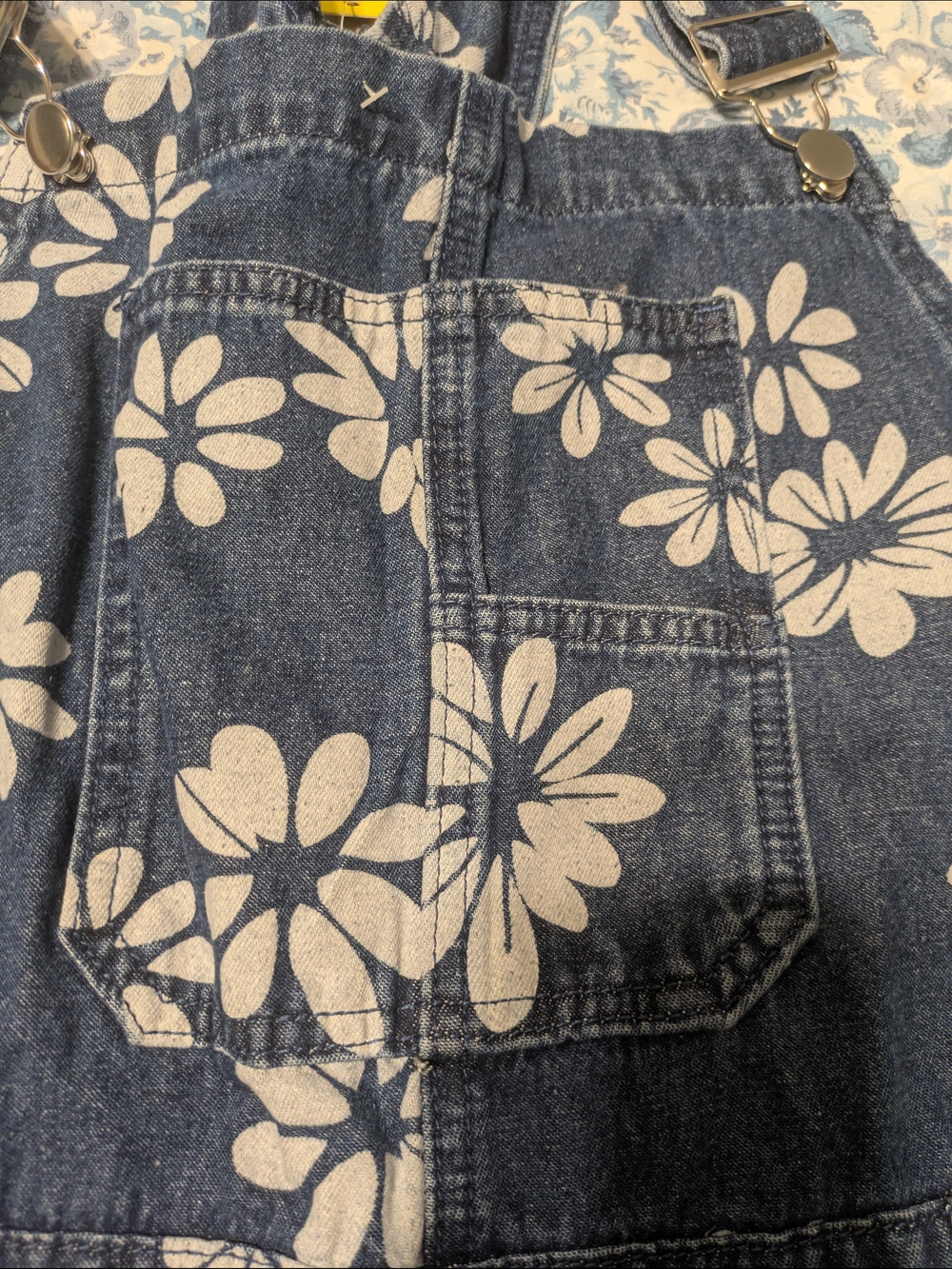 Women's Blue Floral Denim Bib Overalls - Barrel Leg - Picture 4 of 8